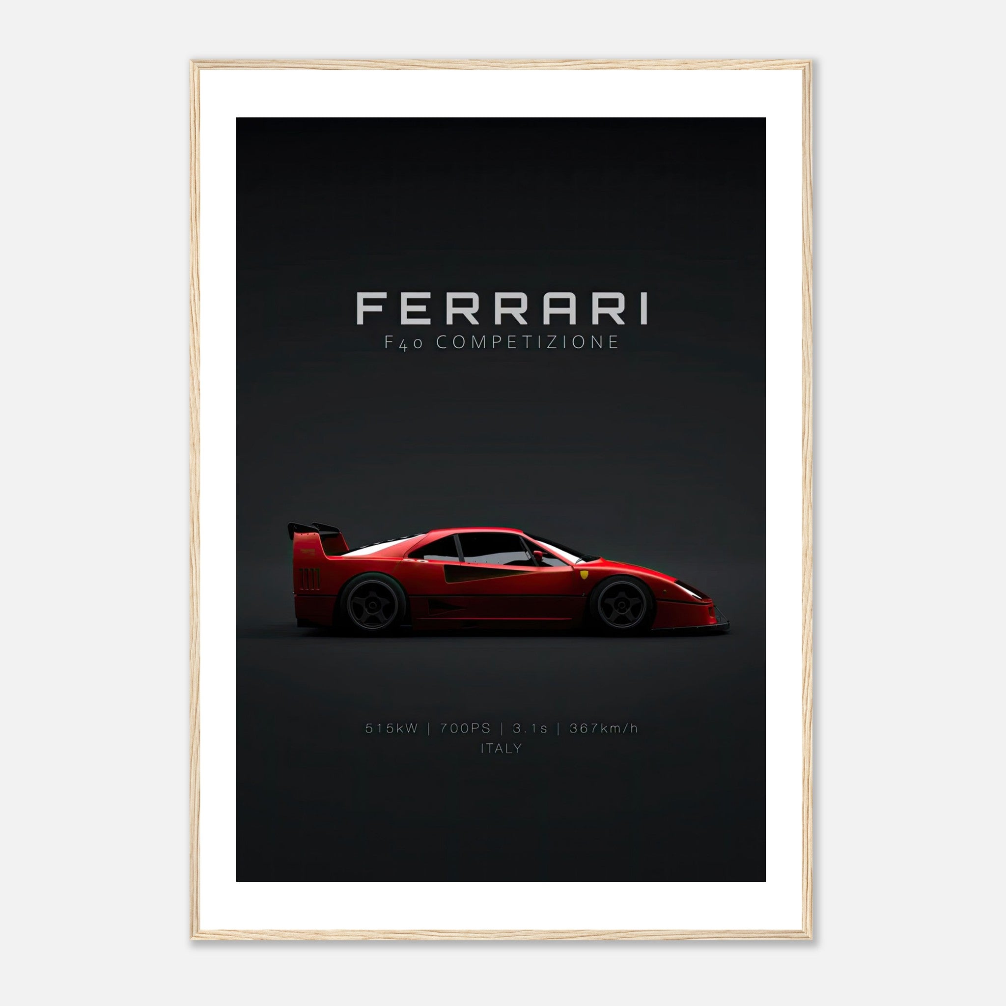 Ferrari F40 Competizione framed poster showcasing iconic supercar design in vibrant red on minimalist backdrop.