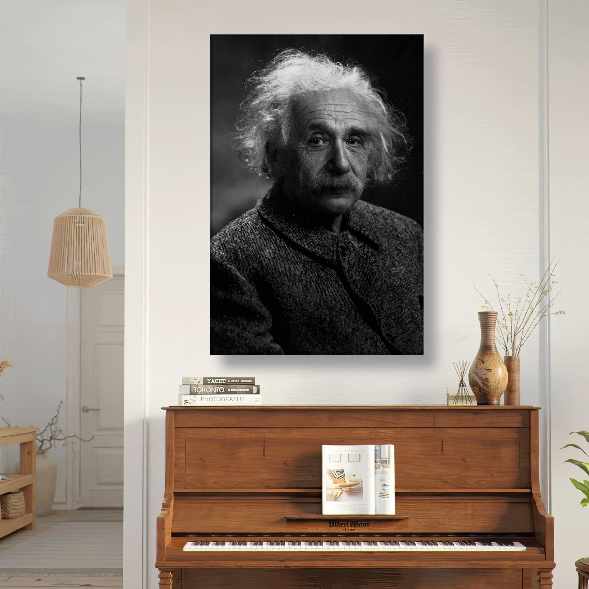 Stunning black-and-white canvas print of Albert Einstein, showcasing his contemplative expression in a stylish interior setting.