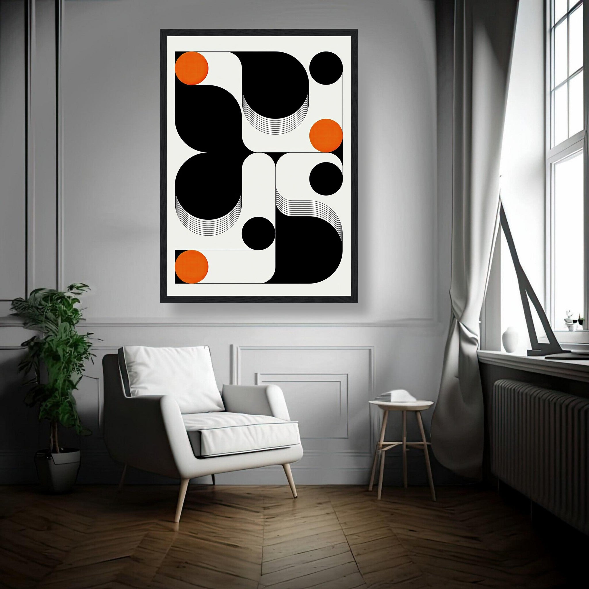 Modern geometric abstract art framed print with black, white, and orange design in stylish living room decor.