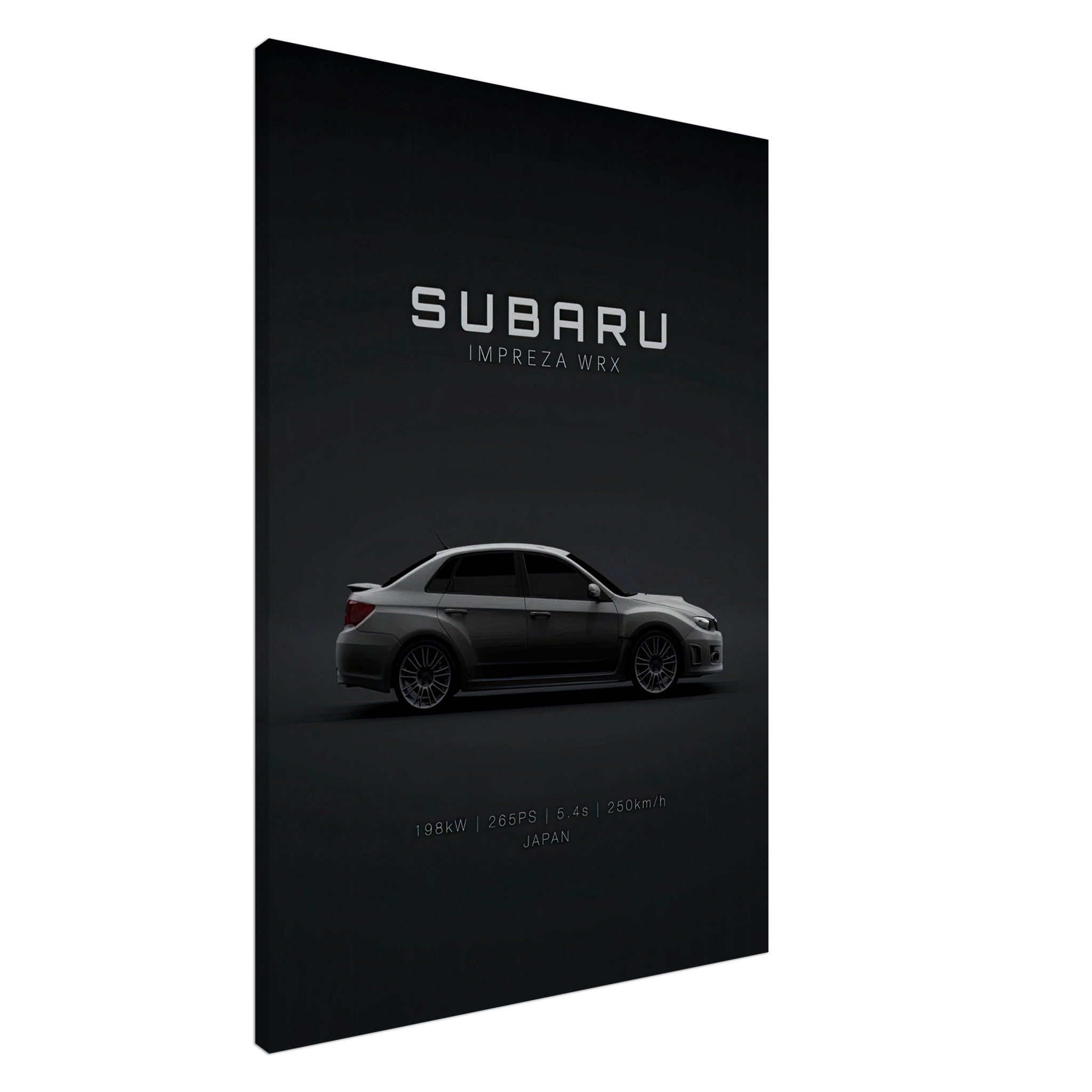 Subaru WRX canvas art featuring side view, dynamic design on black backdrop, perfect for car enthusiasts.