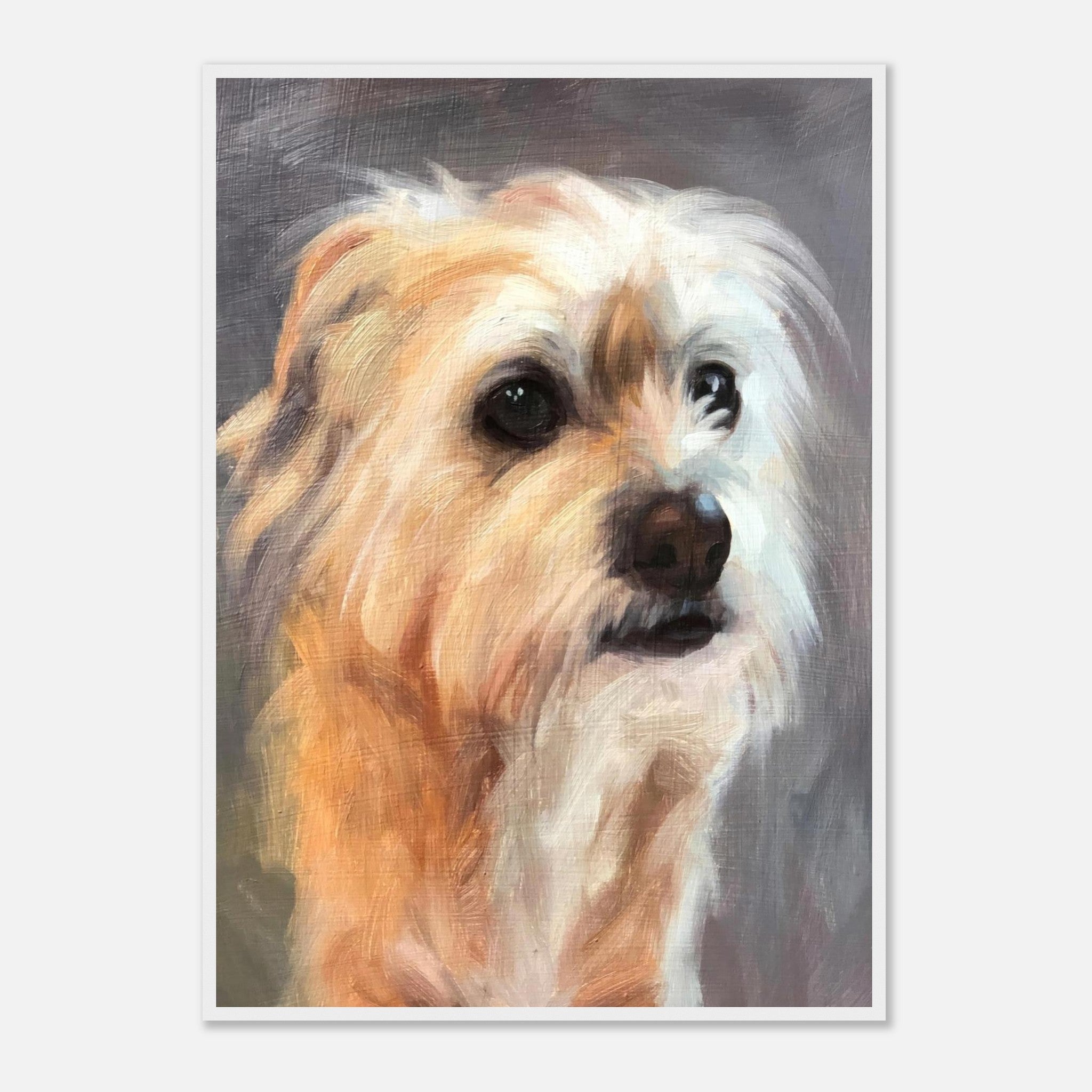Framed print of a detailed terrier dog painting showcasing its expressive eyes and textured fur.