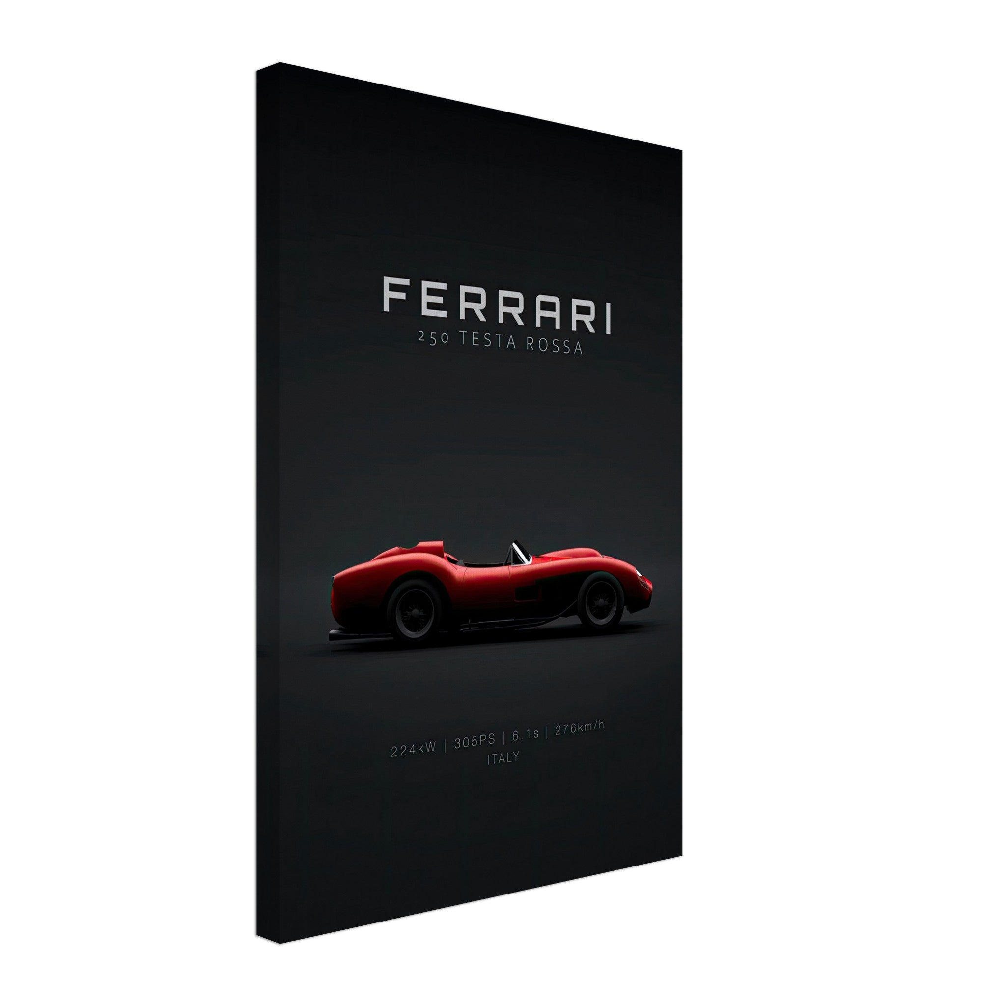 Ferrari 250 Testa Rossa canvas artwork featuring iconic sports car silhouette on a black background.