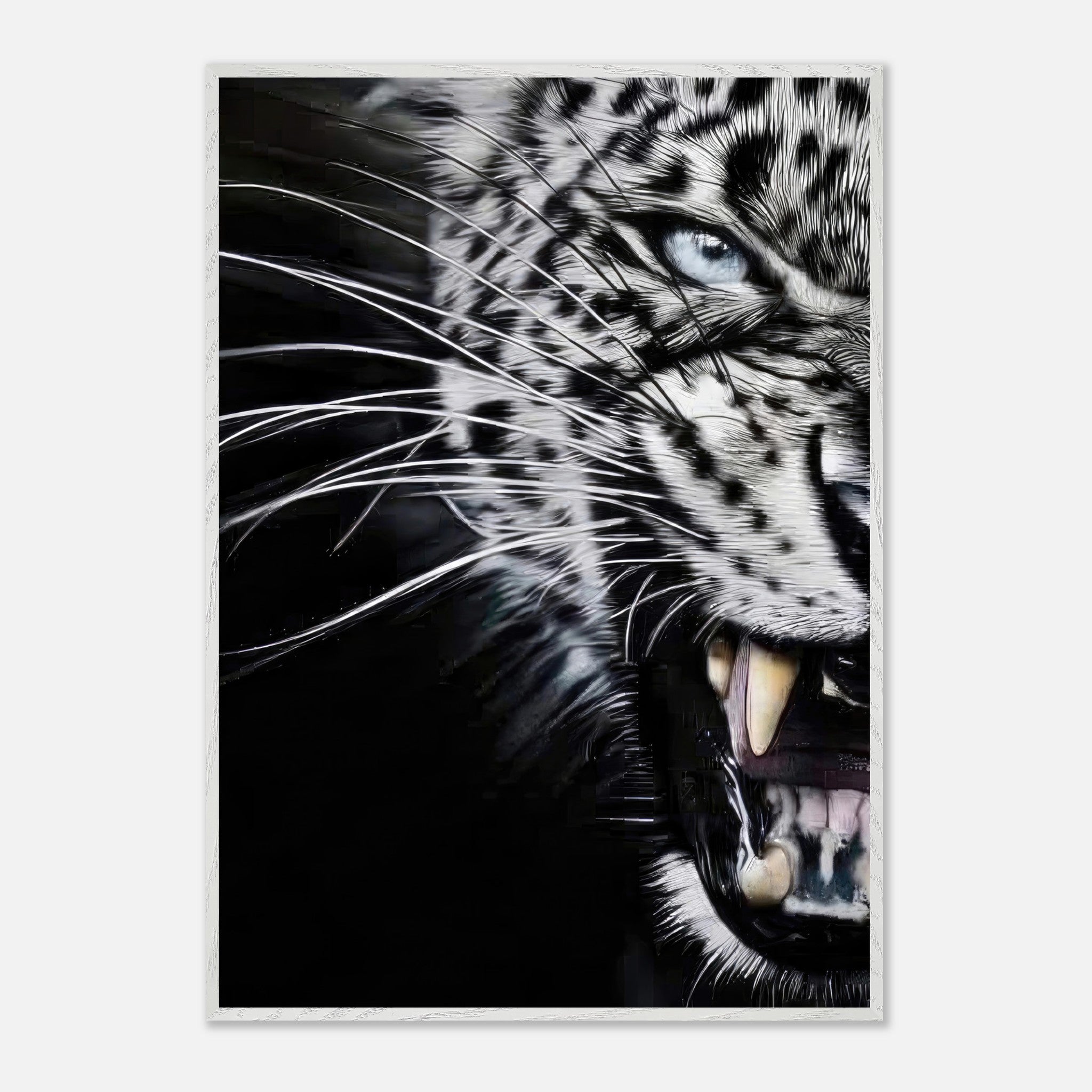 Close-up portrait of a fierce leopard showcasing intense eyes and detailed fur patterns, fine art quality.