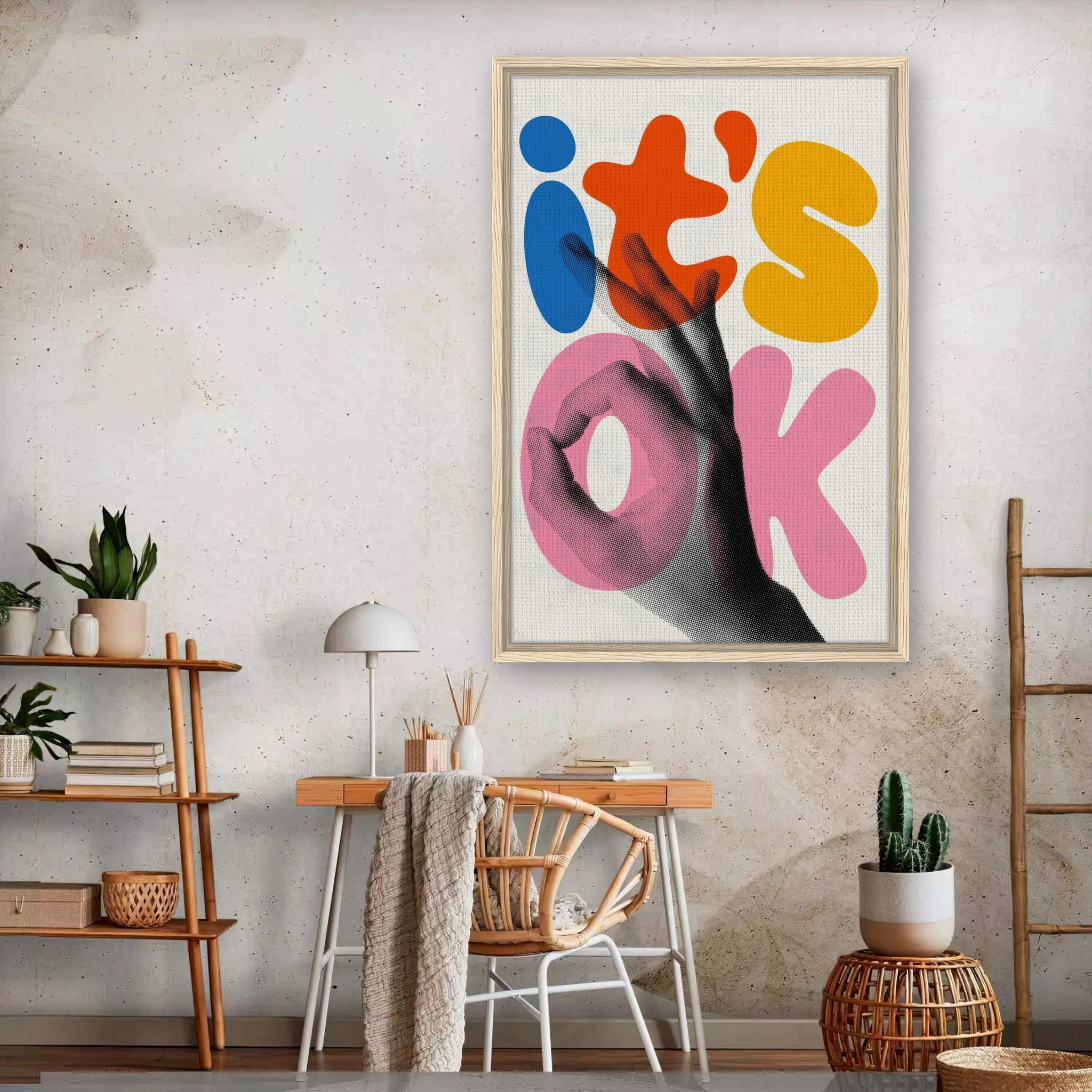 Retro abstract pop art 'It's OK' framed canvas print in modern interior decor.