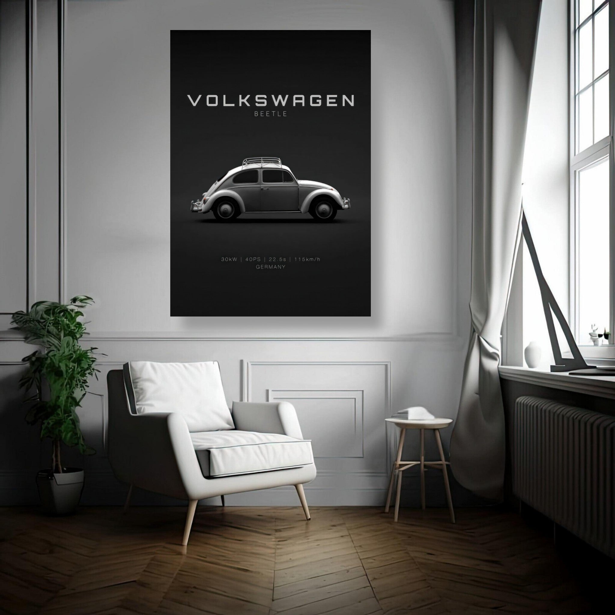 Volkswagen Beetle metal print displayed in a modern living room with minimalist decor and a dark background.