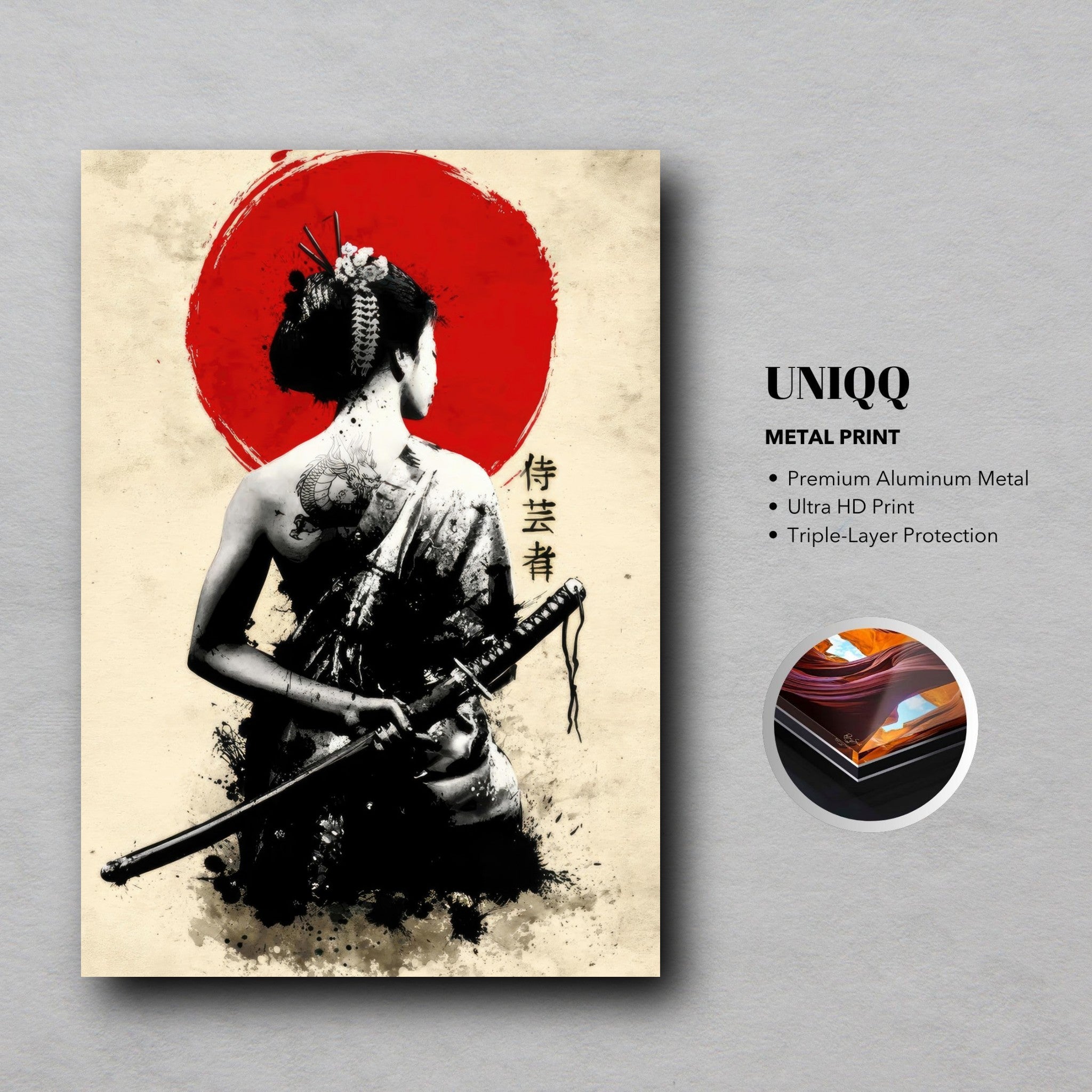 The Samurai Geisha Metal Print art featuring a serene geisha with a katana and a vibrant red sun background.