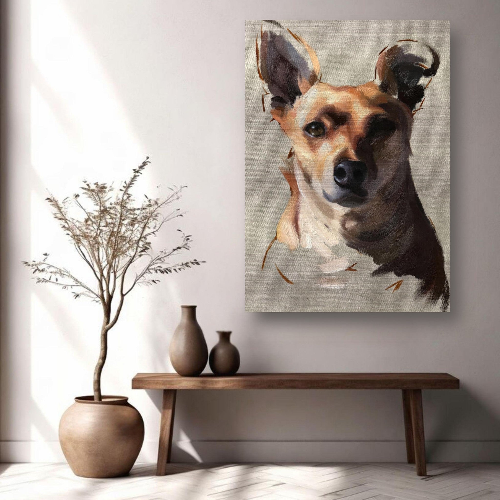 Chihuahua dog painting on brushed metal, showcasing the dog's charm in a stylish home décor setting.