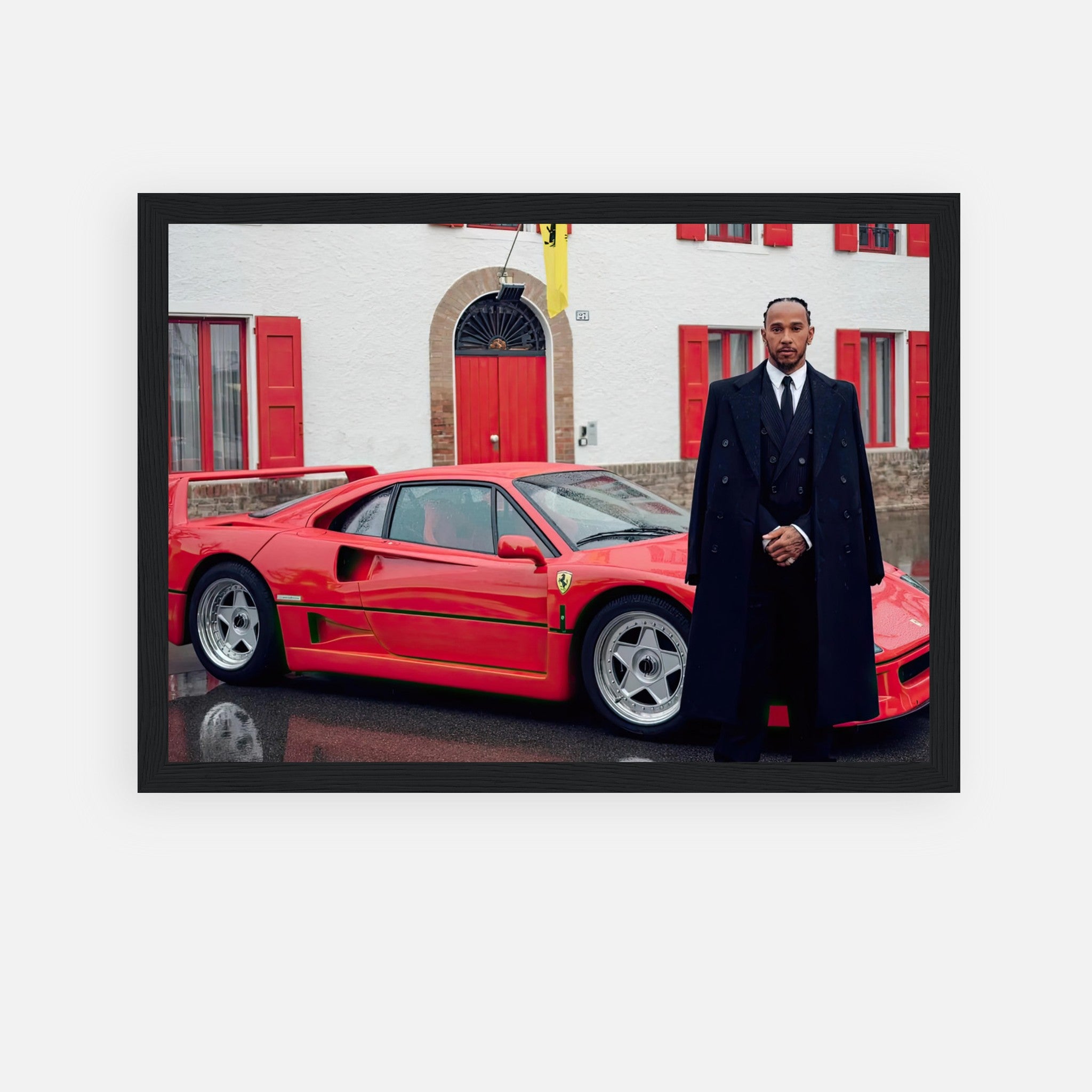 Lewis Hamilton in front of Ferrari F40, framed print showcasing automotive excellence and sophistication.