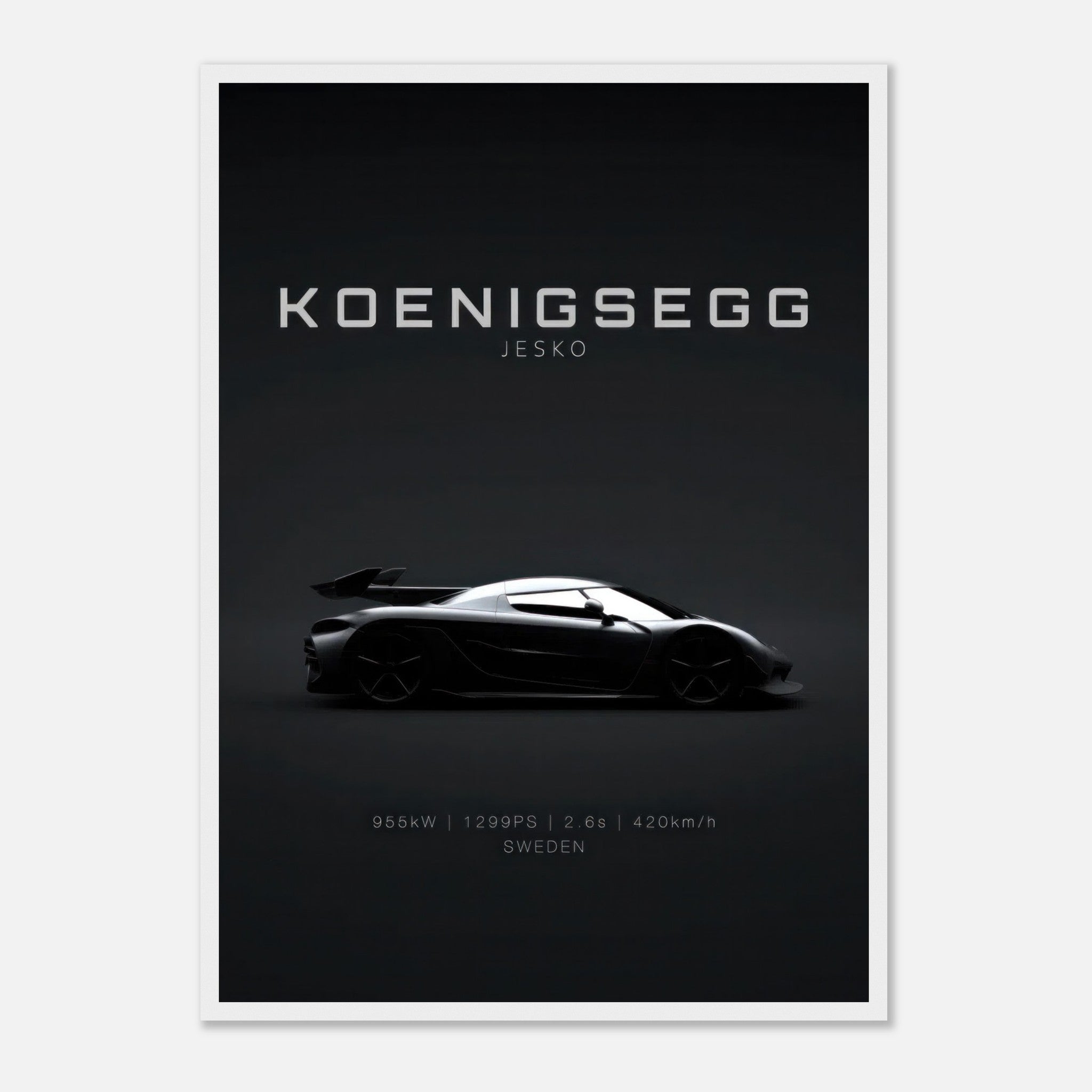 Koenigsegg Jesko framed poster showcasing a sleek hypercar silhouette on a minimalist black background.