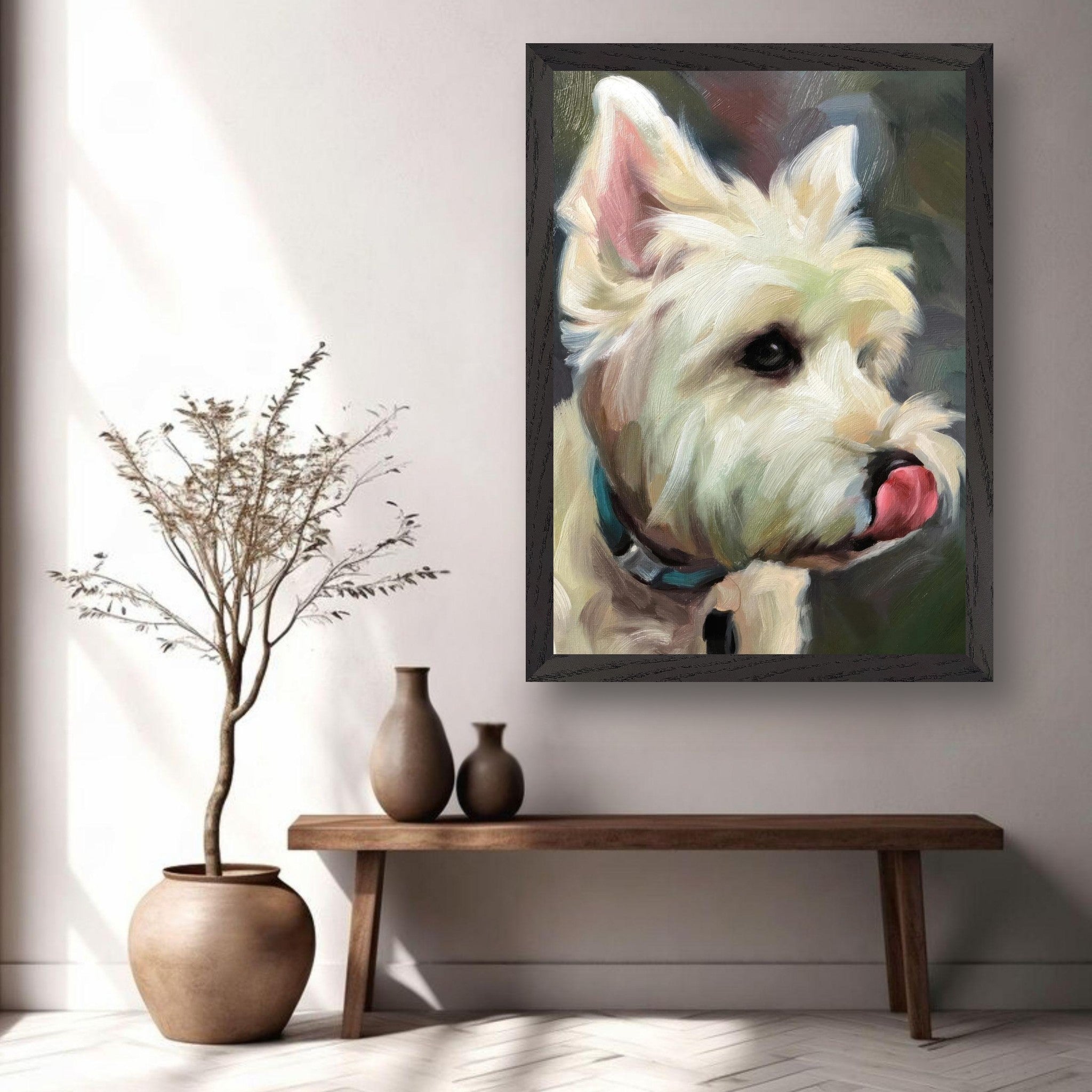 Westie dog painting vintage framed print showcasing a playful West Highland White Terrier in a stylish interior.
