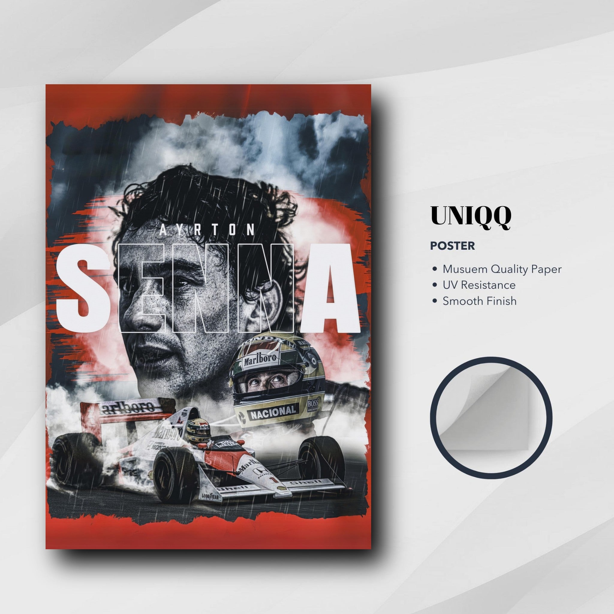 Ayrton Senna F1 legend poster, vibrant design on premium paper, featuring racing car and portrait, ideal for decor.