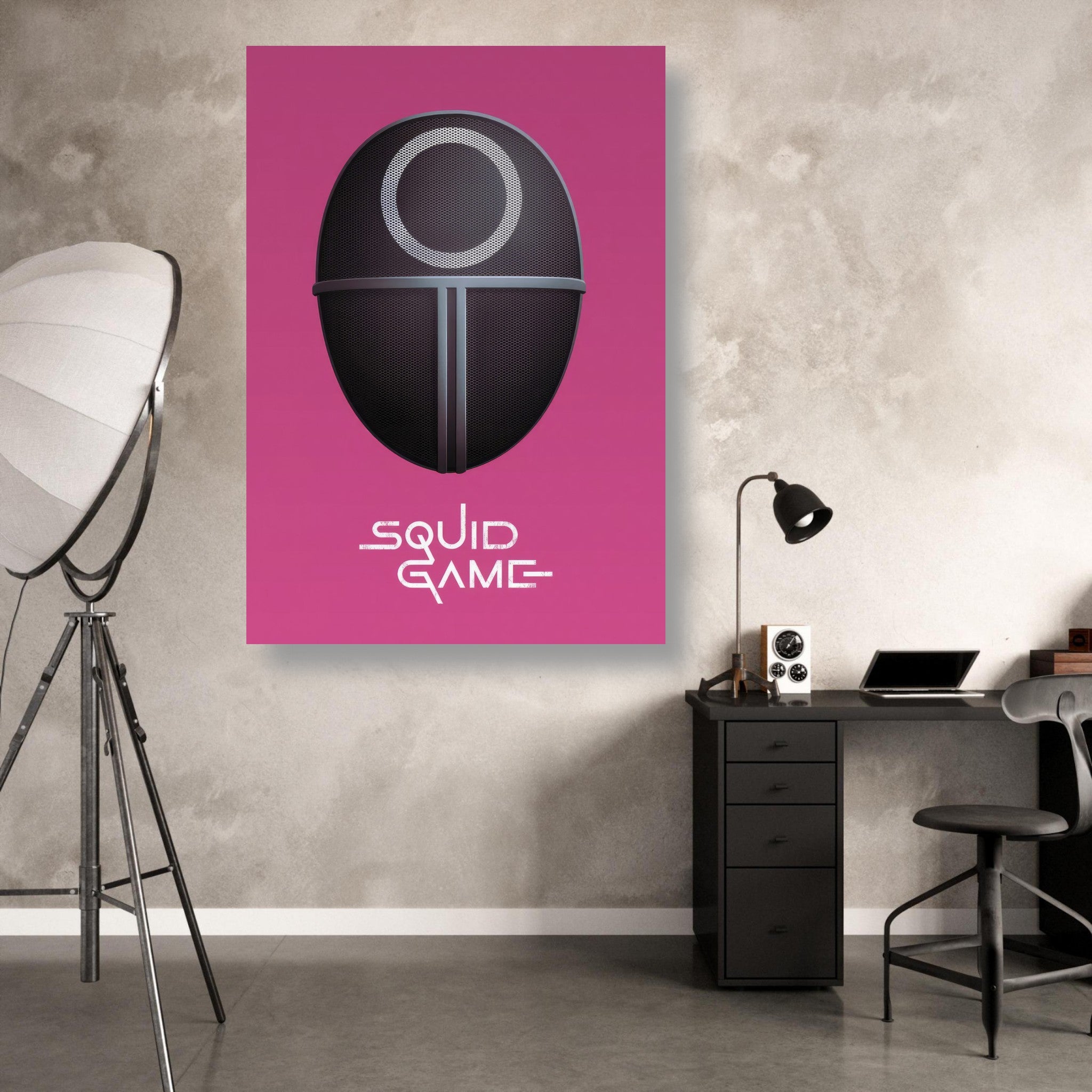 Squid Game Guard Mask metal print in modern room with pink background and stylish decor. Perfect for fans of the series.