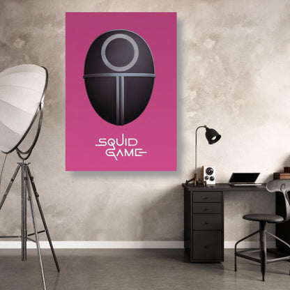 Squid Game Guard Mask metal print in modern room with pink background and stylish decor. Perfect for fans of the series.