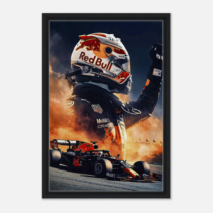 Max Verstappen Red Bull framed canvas print showcasing excitement of Formula 1 with dramatic design and vibrant colors.