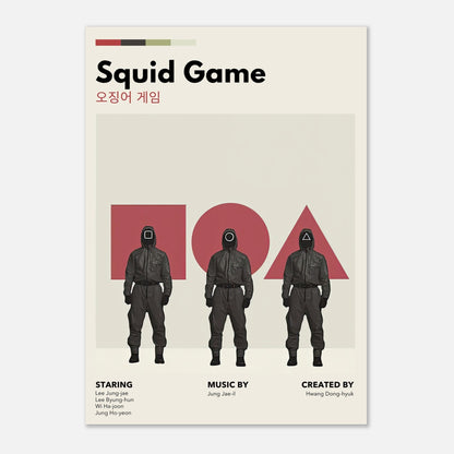 Squid Game Vintage poster featuring iconic guards in uniforms with geometric shapes, perfect for show fans.