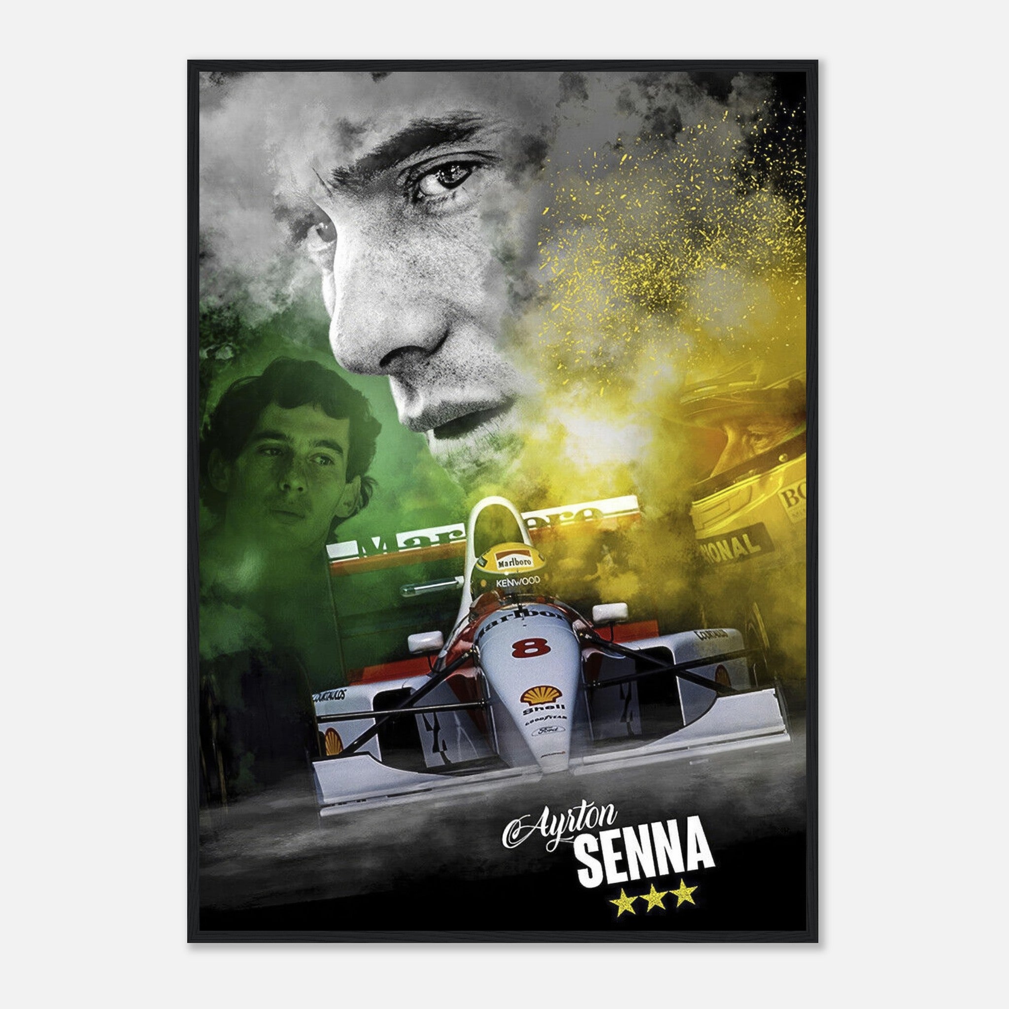 Ayrton Senna framed print featuring vibrant colors and iconic Formula 1 imagery, celebrating the legendary driver.