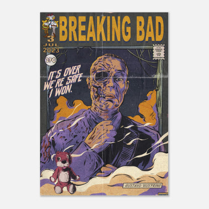 Gustavo Fring metal print in retro comic style, capturing his chilling character from Breaking Bad.