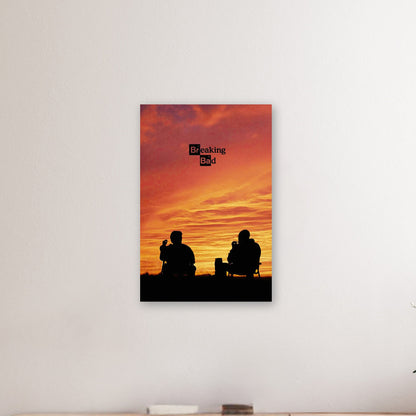 Breaking Bad metal print featuring iconic silhouettes against a vibrant sunset background, perfect for fans of the series.