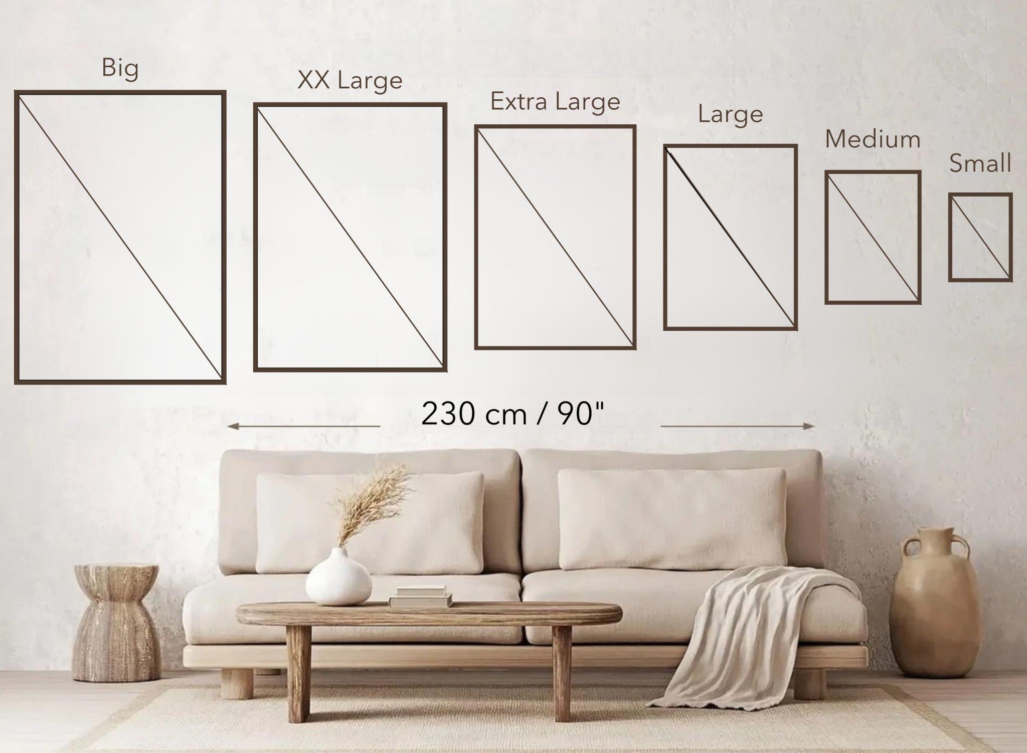 Size guide for various poster frames displayed above a cozy sofa in a modern living room setting.