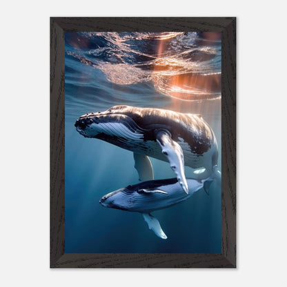 Underwater photography of a humpback whale and calf, framed print showcasing ocean beauty and grace.