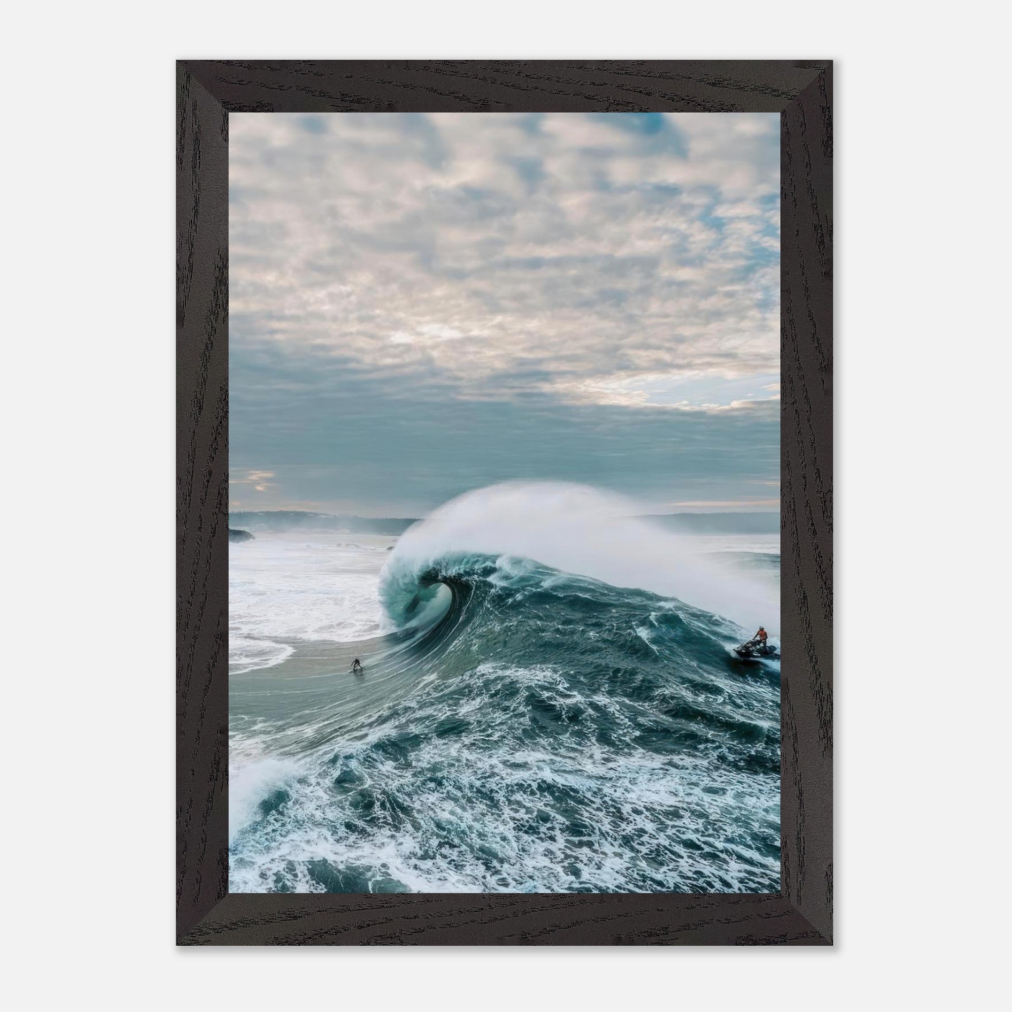 Big Wave Surfing Vintage Framed Print featuring a surfer riding a massive wave under a dramatic sky.