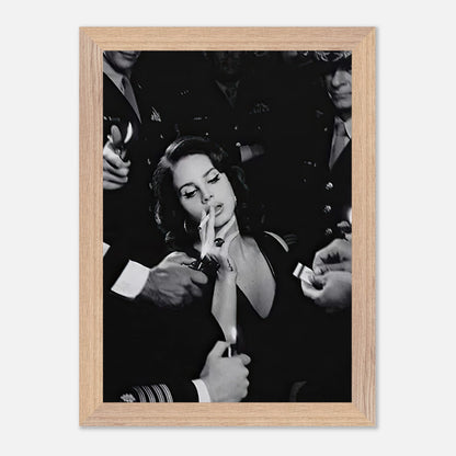 Vintage framed print of Lana Del Ray smoking, showcasing timeless elegance and sultry charm.