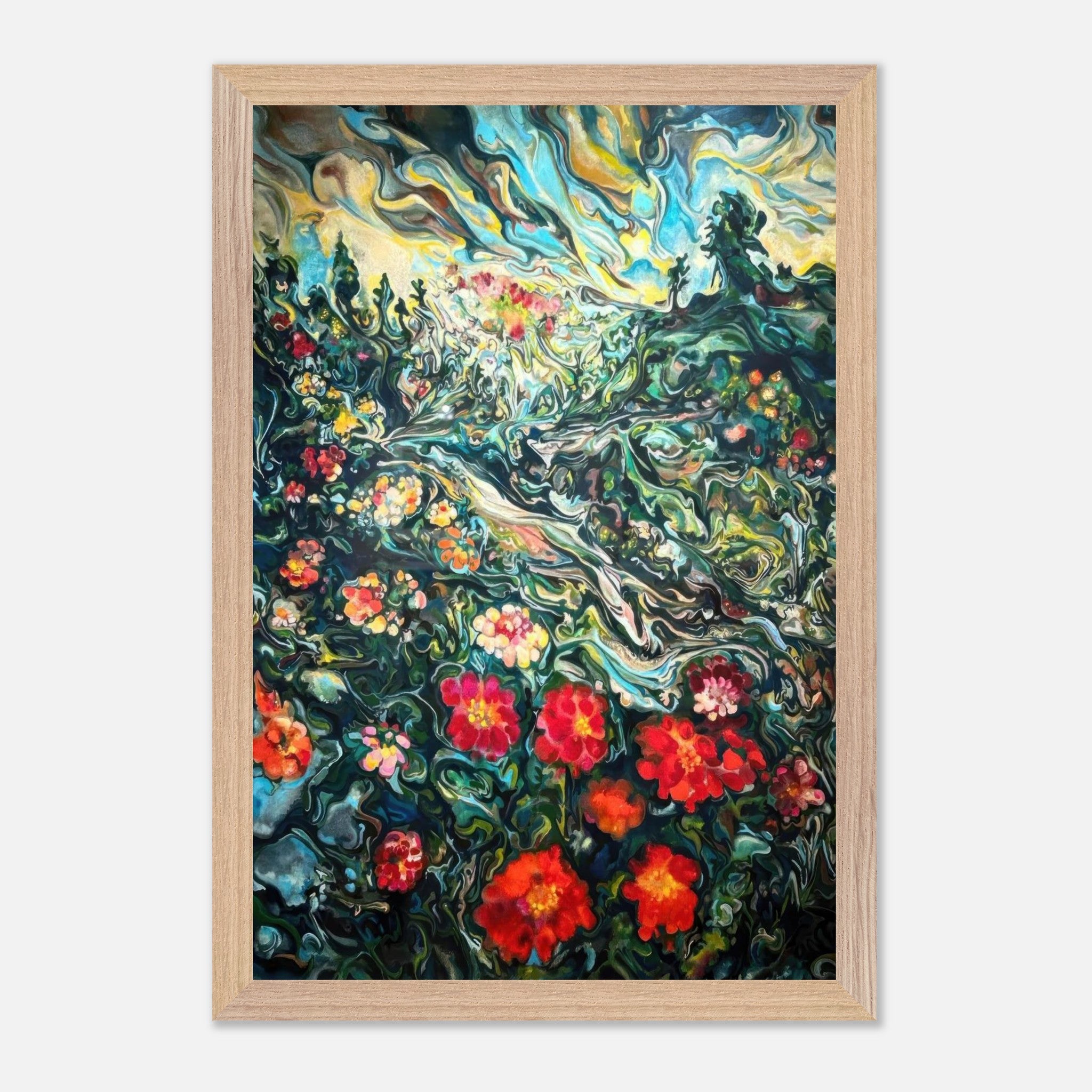 Abstract floral landscape painting with vibrant colors and swirling brushstrokes, framed in light wood.