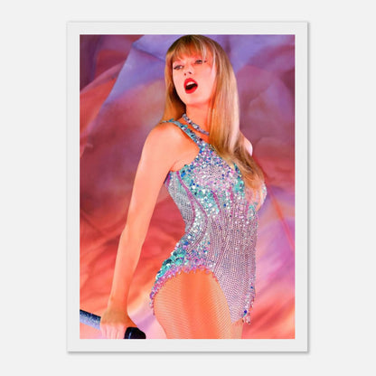 Taylor Swift performing in a sparkling outfit during The Eras Tour, framed print artwork for music fans.