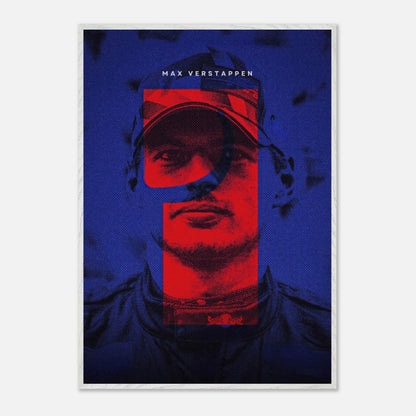 Max Verstappen fine art print featuring vibrant colors and a bold design, showcasing the iconic F1 driver's determination.