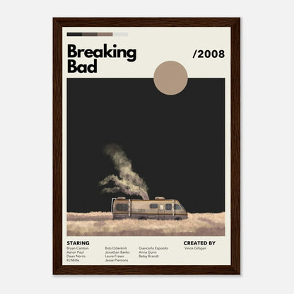 Vintage Breaking Bad framed print featuring the iconic RV against a dark background, showcasing minimalist design and earthy tones.