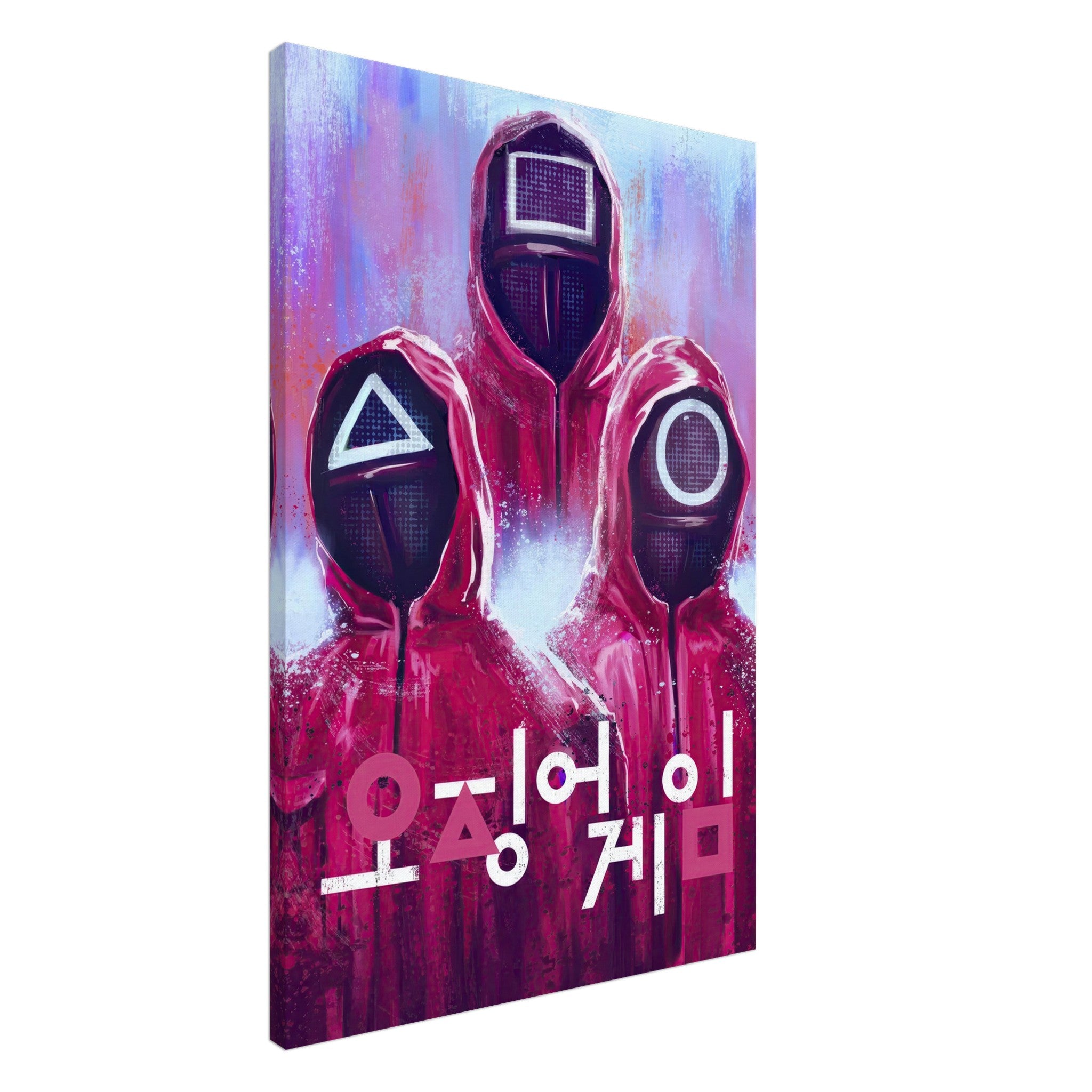 Squid Game canvas print featuring iconic masked characters in red and purple hues with Korean text decor.