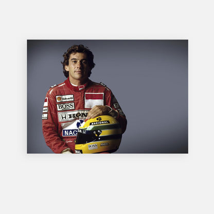 Ayrton Senna holding his helmet, wearing a red racing suit, embodying the spirit of Formula 1 racing excellence.