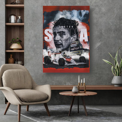 Ayrton Senna brushed metal poster showcasing F1 legend in a stylish living room setting with modern decor.