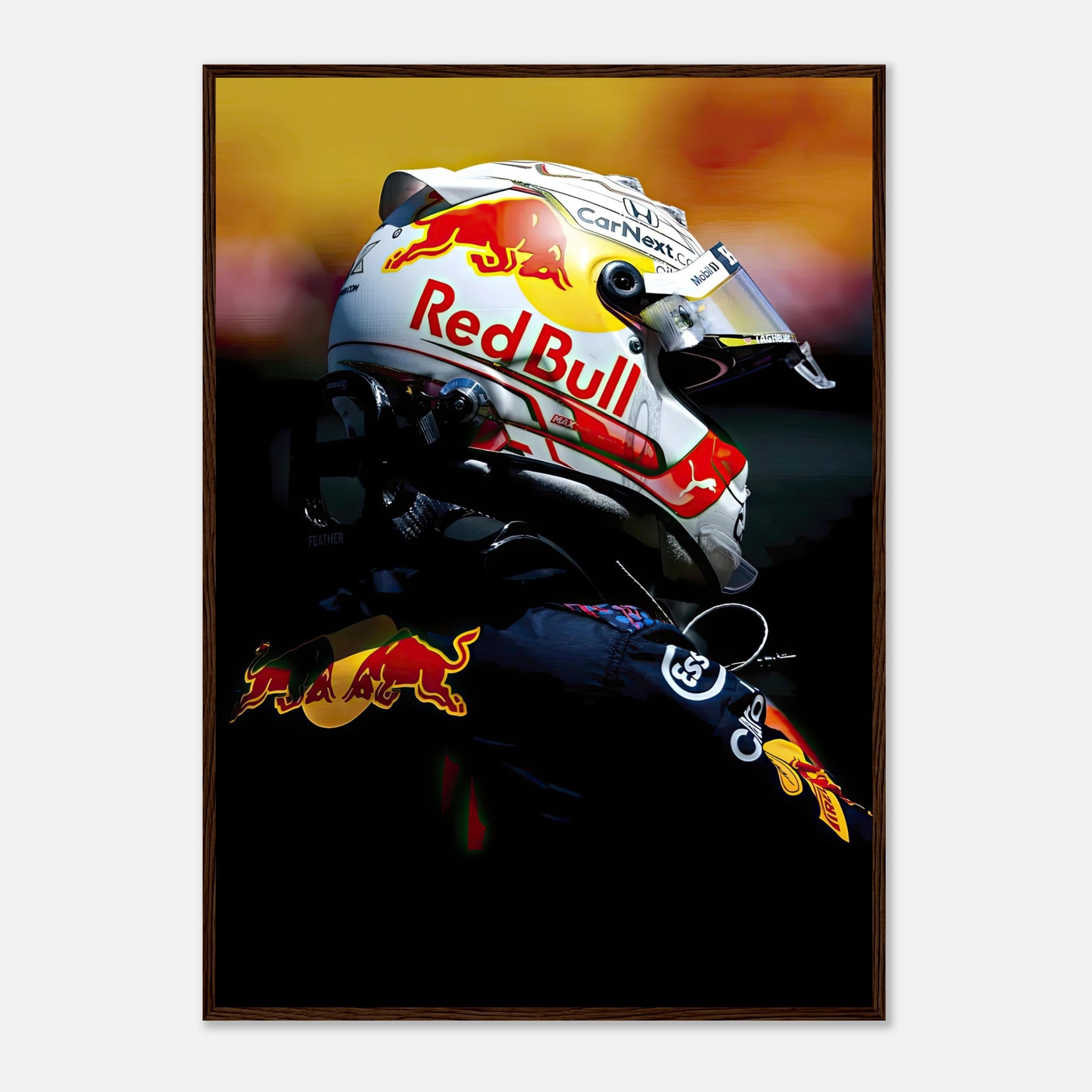 Framed print of Max Verstappen in Red Bull Racing gear, showcasing his iconic helmet design and vibrant colors.