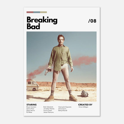 Retro Breaking Bad poster featuring Walter White in desert attire, capturing the essence of the iconic TV series.