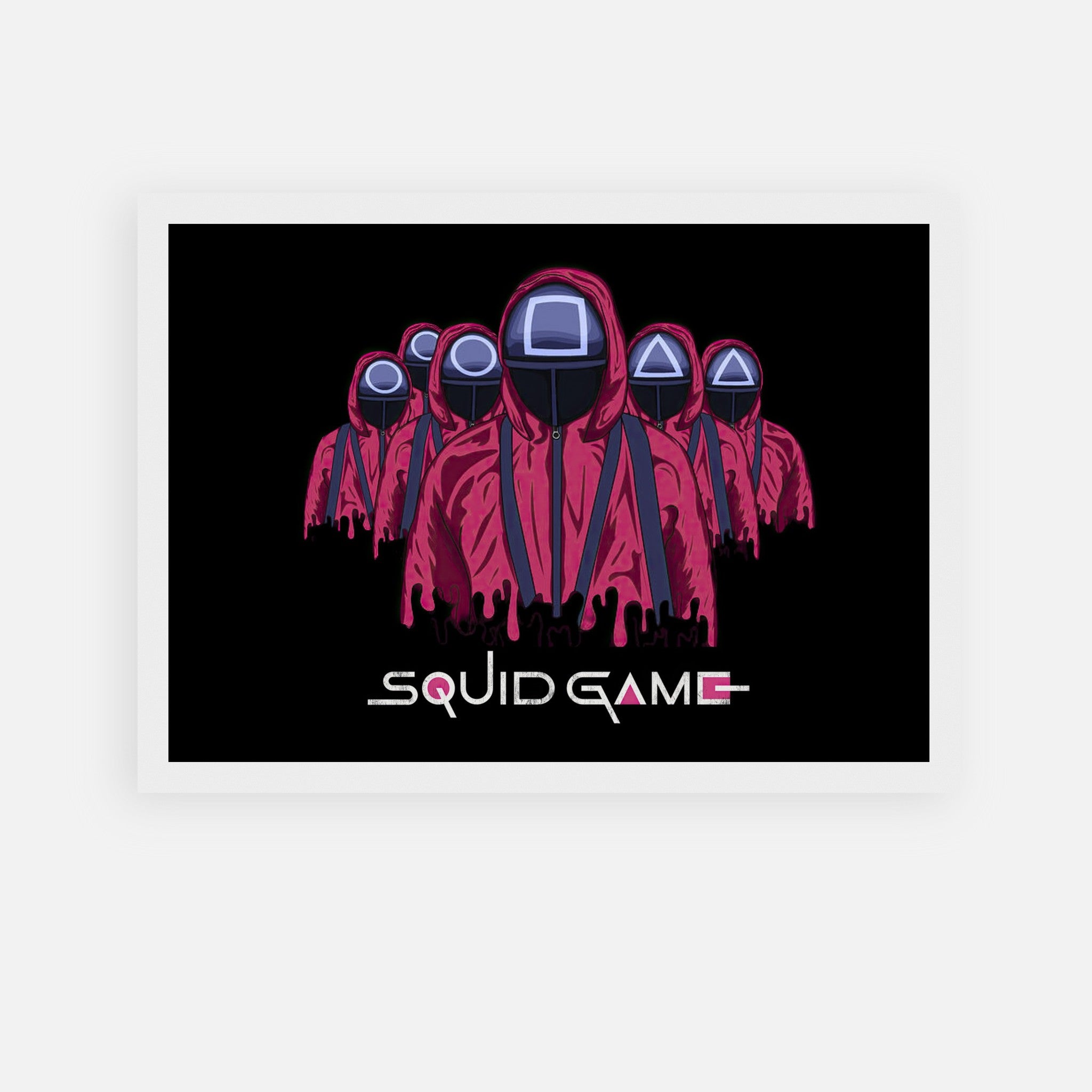 Squid Game Soldiers framed poster featuring iconic pink-clad guards with geometric masks on a black background.