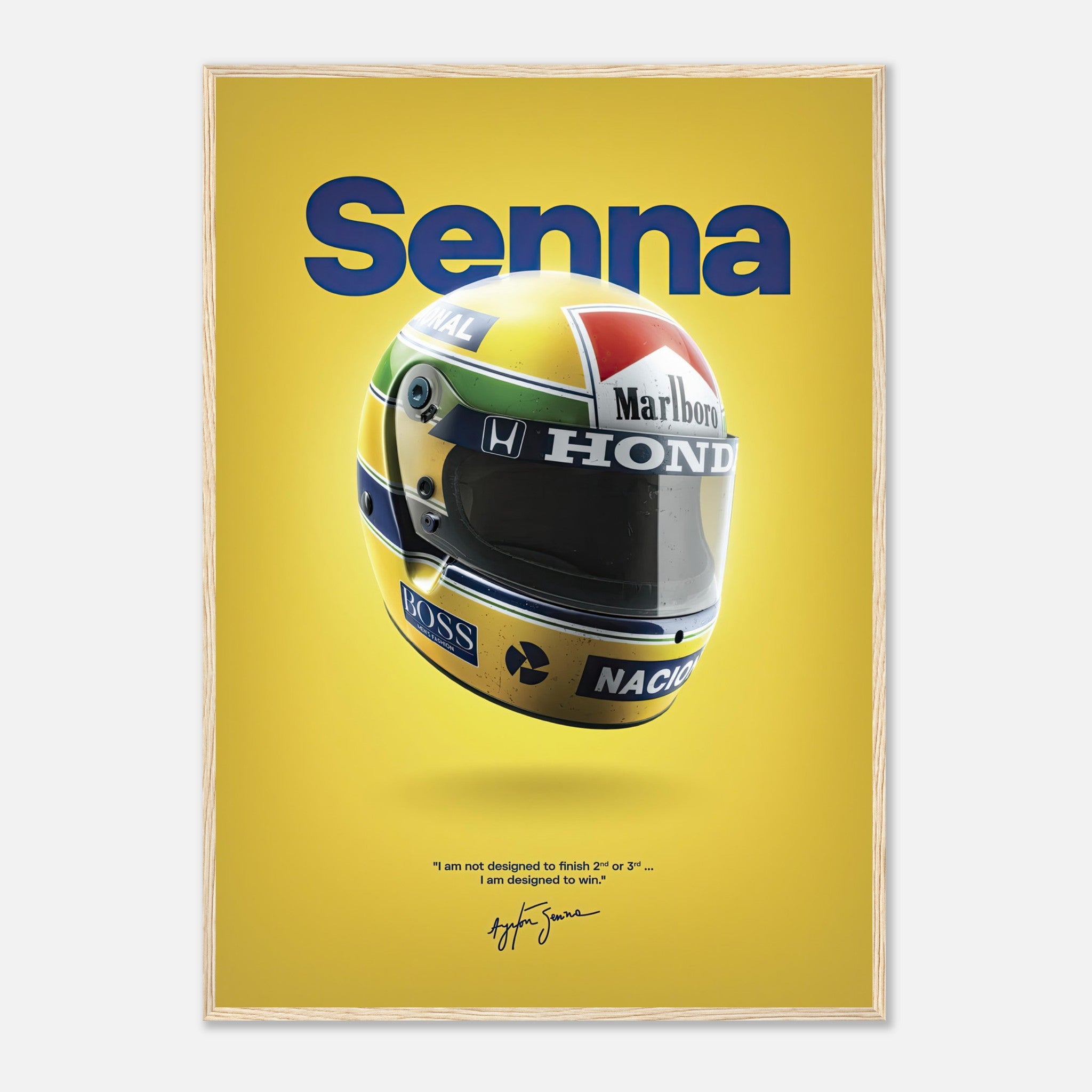 Ayrton Senna helmet framed poster with vibrant colors and inspirational quote, perfect for motorsport enthusiasts.