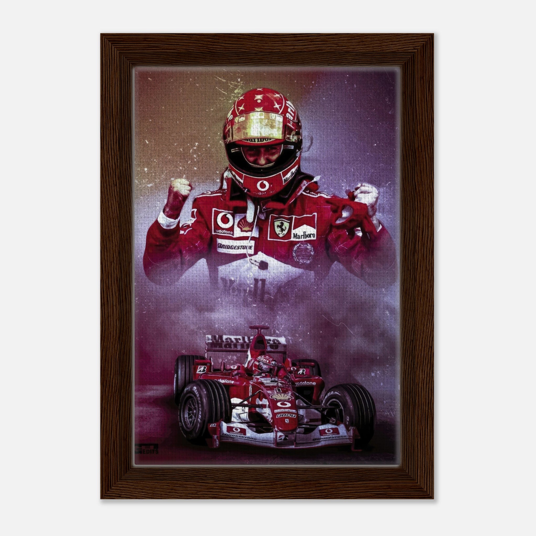 Michael Schumacher framed canvas print showcasing his iconic moment in F1, featuring vibrant colors and detailed artwork.