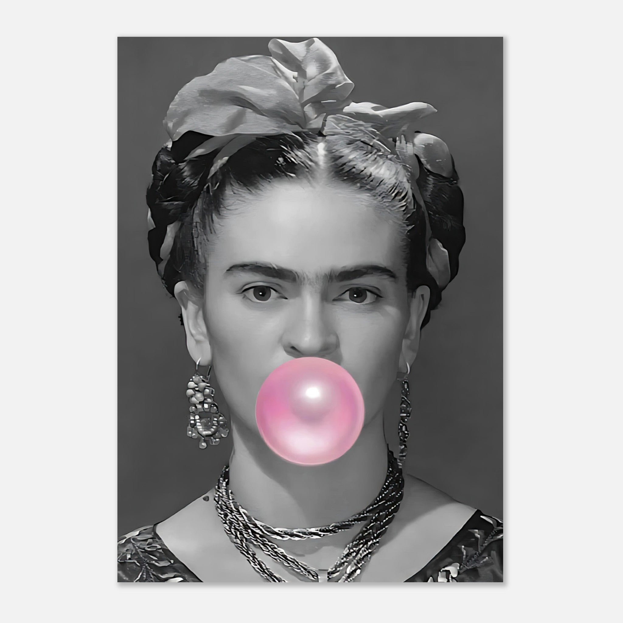 Frida Kahlo poster depicting the artist blowing a bubble gum bubble in a striking black-and-white design.