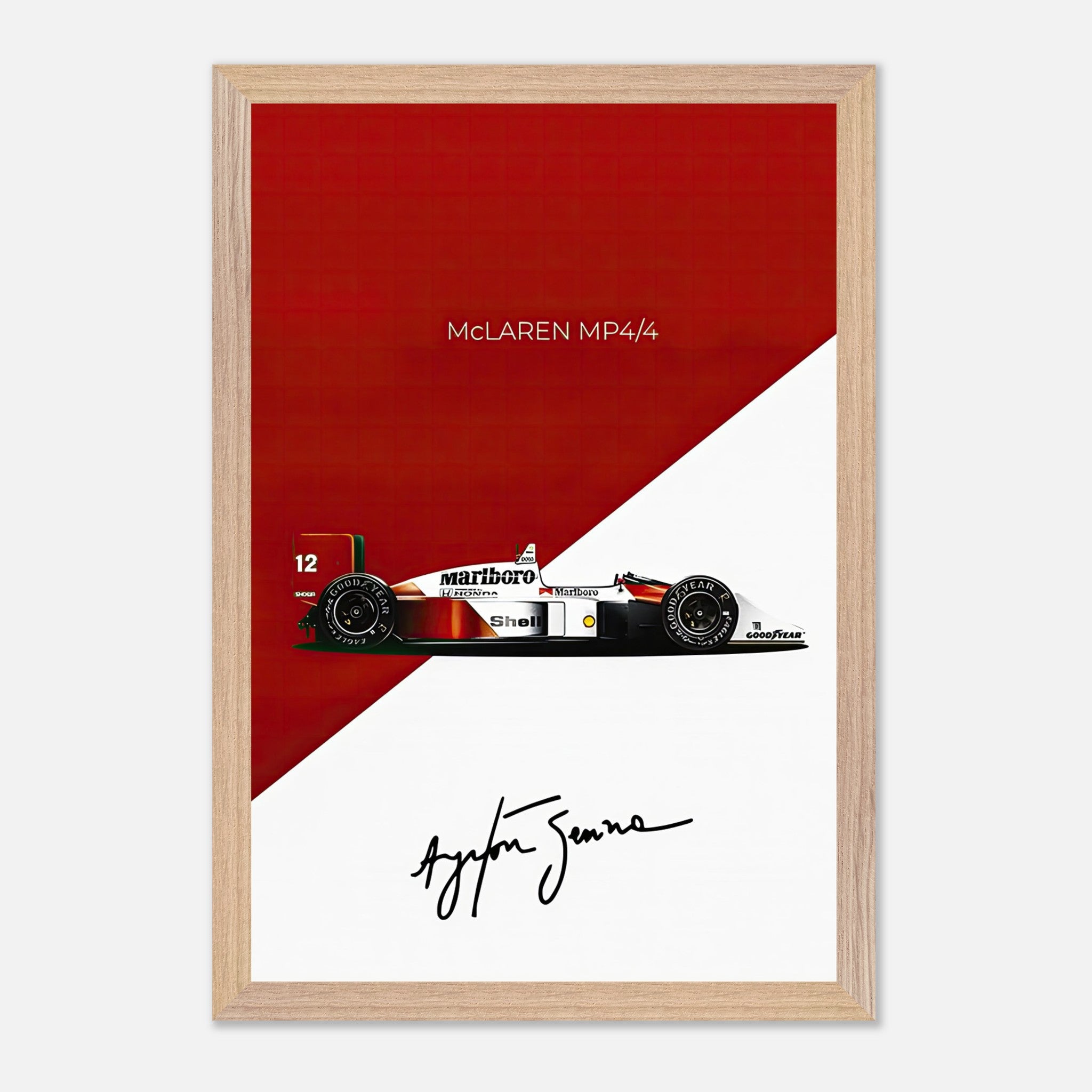 Ayrton Senna McLaren MP4/4 vintage framed print featuring iconic design and signature on bold red backdrop.