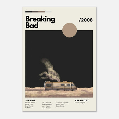 Vintage Breaking Bad poster featuring iconic RV in a desert landscape, created by Vince Gilligan, 2008.