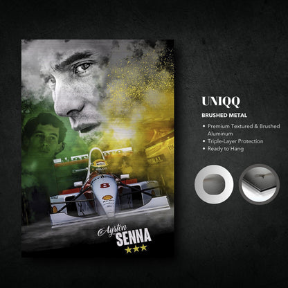 Ayrton Senna brushed metal print showcasing his legacy in F1, premium textured aluminum, ready to hang, dynamic design.