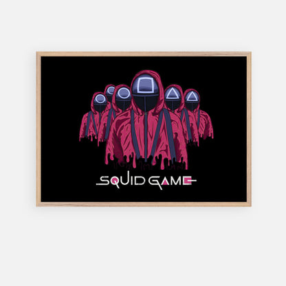 Squid Game Soldiers Fine Art Print featuring iconic masked guards in red uniforms on a black background.