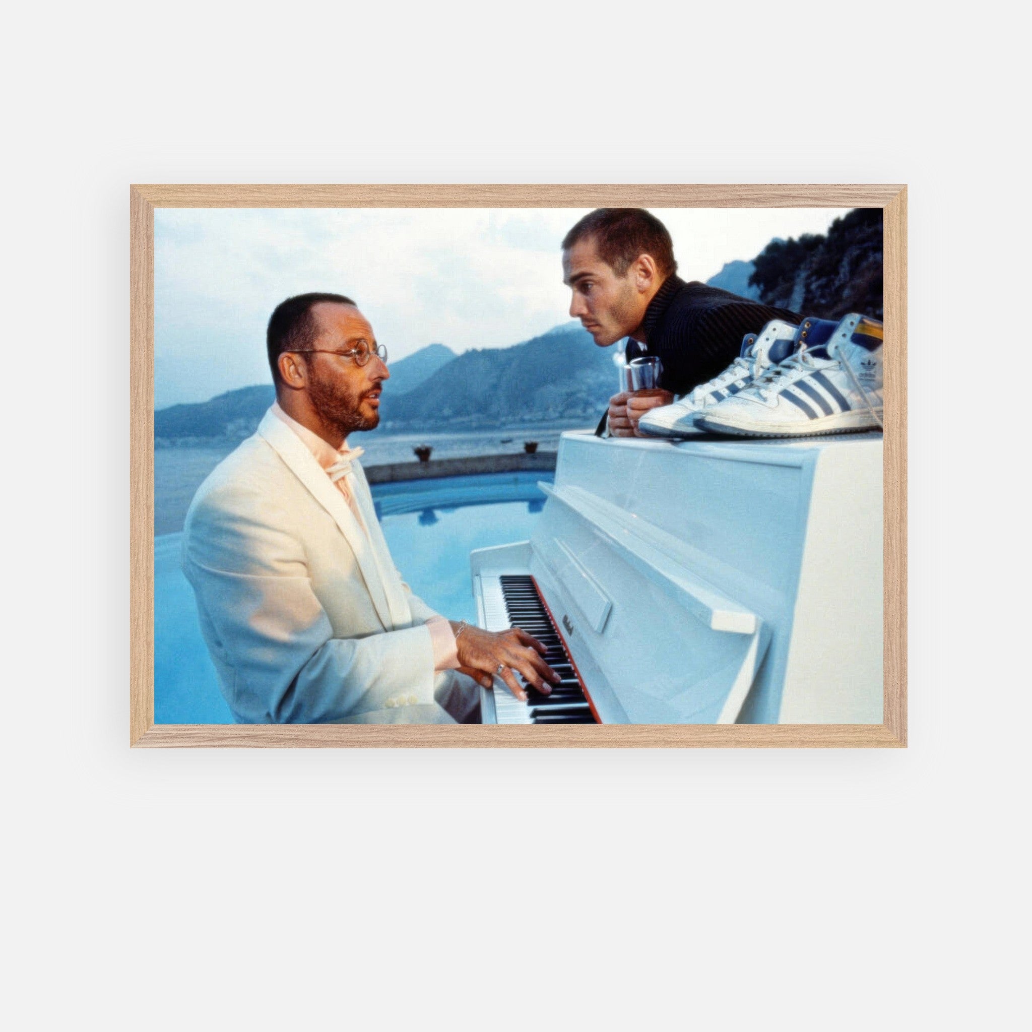 Jean Reno Piano fine art print featuring a poolside piano performance scene from *The Big Blue*.