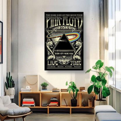 Pink Floyd - The Dark Side of the Moon tour art canvas, featuring 1973 Radio City Music Hall design with prism and rainbow.