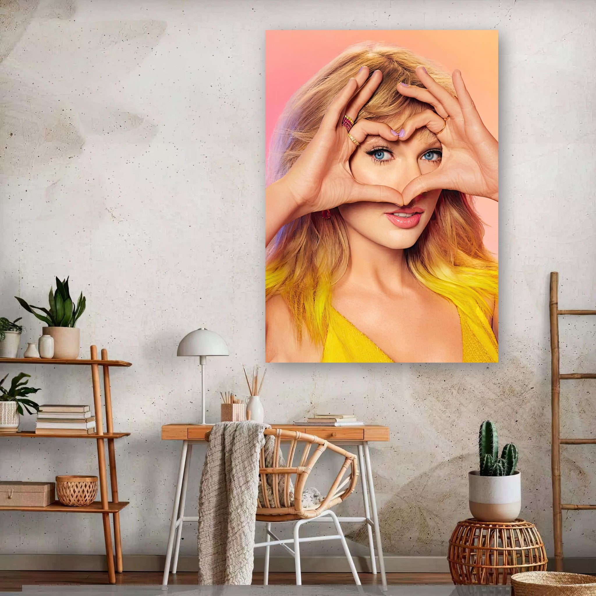 Taylor Swift "Fan Love" metal print displayed in a stylish room, capturing her charm and vibrant colors.