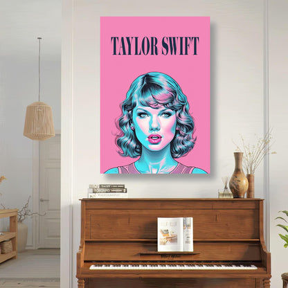 Taylor Swift Pop Art poster featuring vibrant colors and a pink backdrop, displayed above a piano in a stylish room.