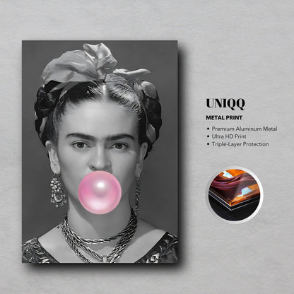 Frida Kahlo Bubble Gum metal print featuring the artist in black-and-white with a pink bubble, premium quality artwork.