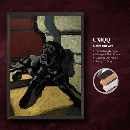 Black Labrador dog painting in vintage oak frame, showcasing fine art quality and a warm, inviting ambiance.