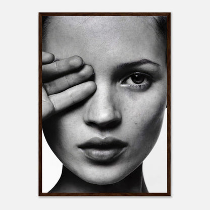 Kate Moss black and white framed print, showcasing a striking portrait with elegant contrasts and textures.